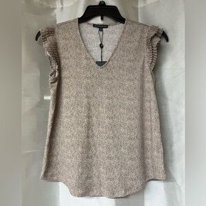 Adrianna Papell Beige Black Dotted Ruffle-Sleeve V-Neck Top